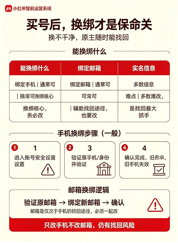 账号换绑基础认知,关键词:账号交易,换绑,绑定手机,绑定邮箱,实名信息,手机换绑步骤,邮箱换绑,找回风险,账号安全设置,旧手机失效,辅助找回途径