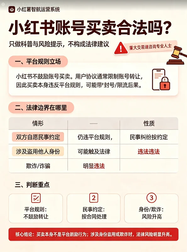 小红书账号买卖合法吗?—— 平台规则立场、法律边界、判断重点